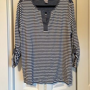 Chico's White and Blue Buttoned Polo Blouse